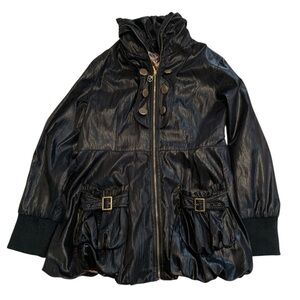Black Shiny Utility Jacket with Camo Lining & Gold Hardware – Size 15 (Large)